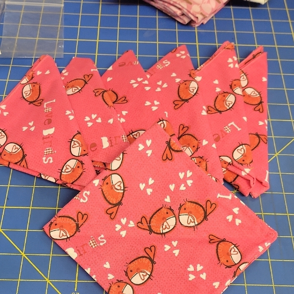 La Ti Da Handmade Creations Pink Bird Love Cloth 12" Napkins Set of 7